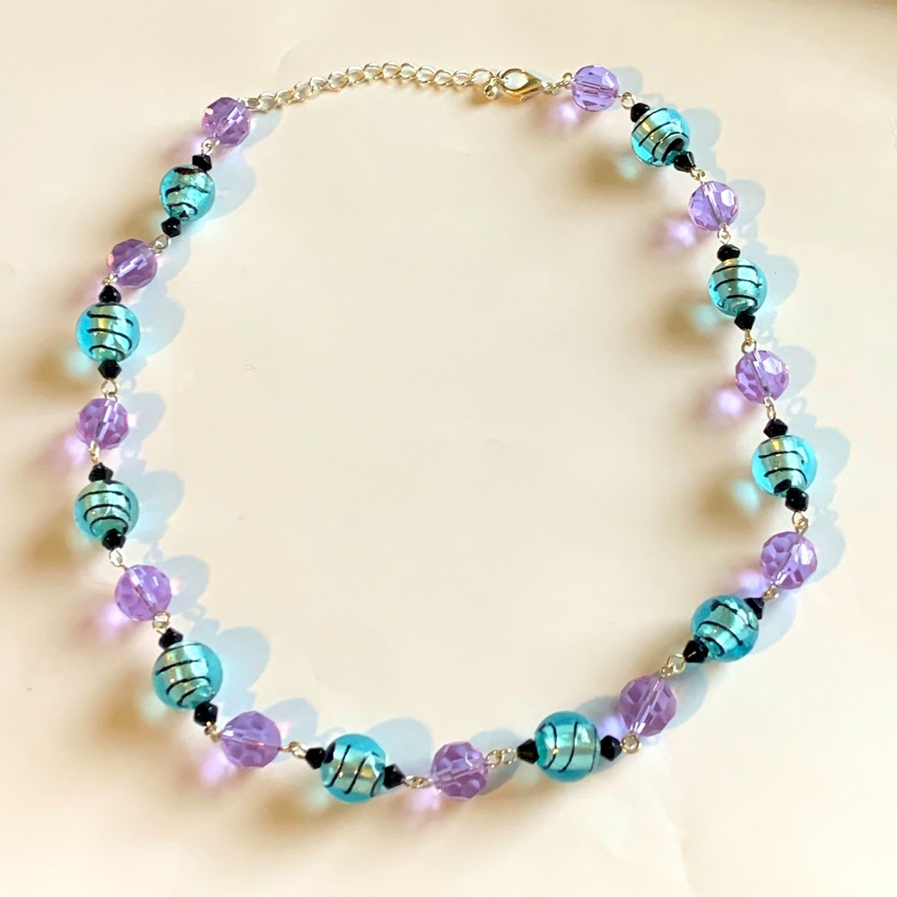 Blue glass with faceted purple beaded necklace